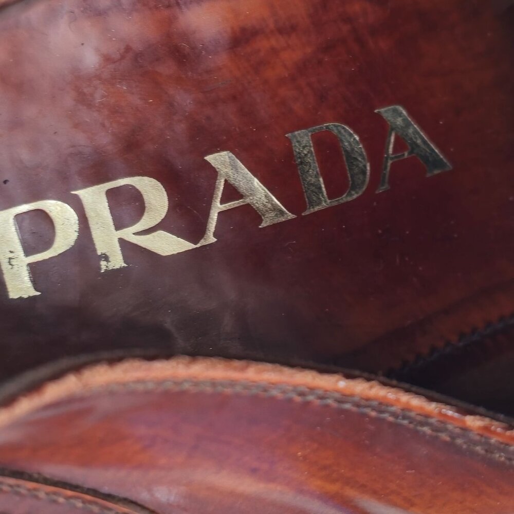 Prada Italy Mens 7.5 Distressed Brown Leather Wingtip Derby Oxfords Dress Shoes - Picture 11 of 13